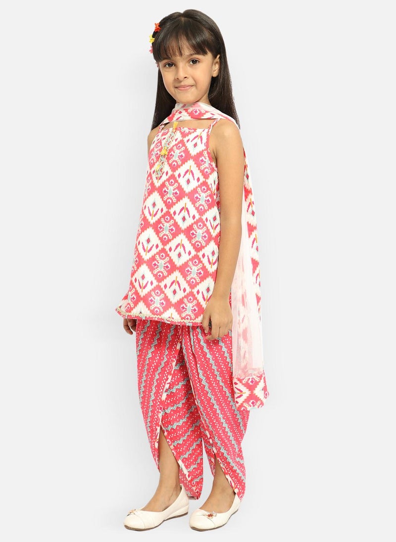 Nautinati Girls' 100% Cotton All-over Print Kurti With Dhoti Pants & Net Dupatta - Image 3